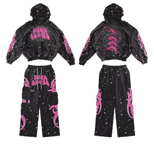 Pantalon vintage d'hiver noir délavé à l'acide, coupe évasée et oversize, léger, imprimé, avec strass et broderie 3D - Product Image 1