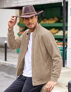 BNSB SPORTS <b>Men's</b> Beige Faux <b>Suede</b> Bomber <b>Jacket</b> Zip Front Turn Down Collar Ribbed Cuffs Casual Winter Outerwear - Product Image 3