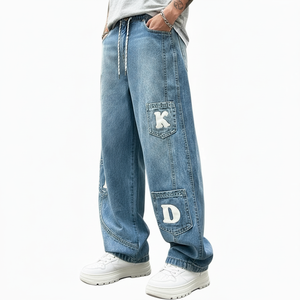 Jean décontracté coupe droite pour homme, style streetwear personnalisé, imprimé lettres, délavé moyen, collection printemps-été - Product Image 3