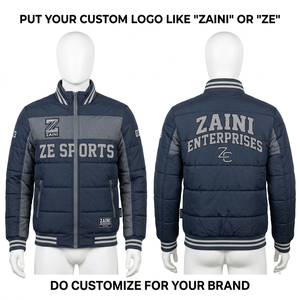300 GSM Polyester Taslon Puffer Jacket Navy Grey Contrast Panel Custom Embroidery Print Chenille Logo Zipper for Men - Product Image 1