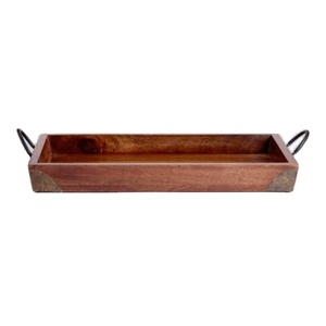 Plateau de service rectangulaire moderne en bois de manguier massif avec poignées métalliques, finition brun vintage poli, décoration intérieure pour usage en restaurant - Product Image 1
