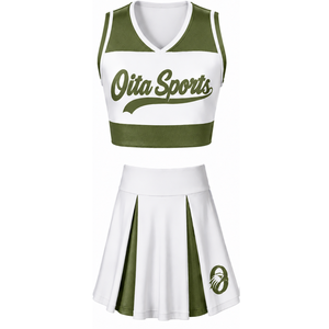 Ensemble d'uniformes de cheerleading sublimés blanc et vert olive, sans manches, haut et jupe, tenue de sport pour l'entraînement et la performance - Product Image 1