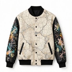 Custom Crackle Print Varsity <b>Jacket</b> With <b>Black</b> Leather Sleeves And Colourful Graffiti Street wear Design For Men And <b>Women</b> - Product Image 1
