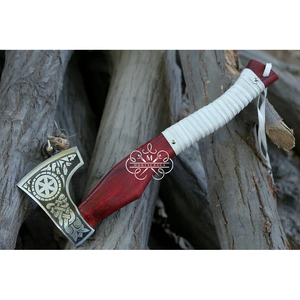 Hacha de Estilo Vikingo con Mango de Madera Roja y Envoltura de Cuero Blanco, Hoja de Acero Inoxidable, Herramienta Resistente para Bushcraft al Aire Libre - Product Image 6