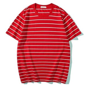 เสื้อยืดคอกลมแขนสั้นลายทางสีแดงสำหรับผู้ชาย ทรงลำลอง ระบายอากาศได้ดี ผ้าคอตตอนเจอร์ซีย์ถักน้ำหนัก 220 กรัม - Product Image 3
