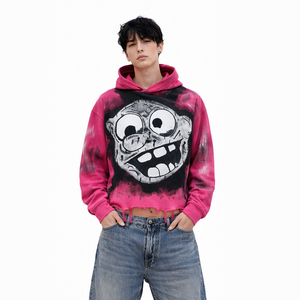 เสื้อฮู้ดดี้พิมพ์ลายกราฟิกสีชมพูสำหรับผู้ชายรุ่นใหม่ปี 2026 สไตล์วินเทจขาดๆ แบบสตรีทแวร์ทรงโอเวอร์ไซส์ - Product Image 2