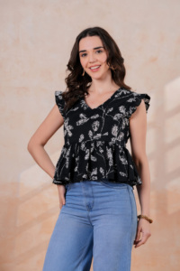 Haut à volants noir à imprimé floral pour femme, coupe ample décontractée en coton, idéal pour toutes les saisons - Product Image 5