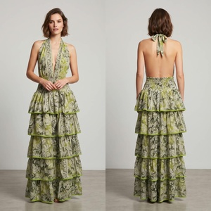 Women's Green Paisley Print Halter <b>Maxi</b> <b>Dress</b> Tiered Ruffle <b>Chiffon</b> Boho Summer Party Gown - Product Image 5