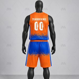 Ensemble de maillots de basket-ball athlétiques personnalisés en polyester 100% sublimé, dégradé orange et bleu, col en V, sans manches, évacuation de l'humidité, élastique - Product Image 4