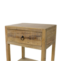 Mesita de noche de madera maciza de pino recuperada con cajón y estante, muebles de dormitorio de estilo antiguo