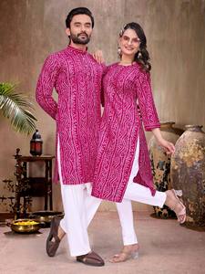 HENIXA CREATION Ensemble de vêtements festifs pour couple, en tissu de coton respirant, motif Bandhani traditionnel, séchage rapide, coupe ajustée - Product Image 5
