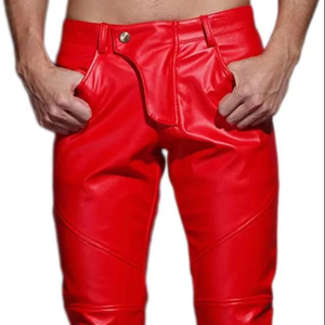 Pantalon en cuir véritable pour homme, style motard, coupe slim, en cuir de mouton, couleur noire, au meilleur prix - Product Image 1