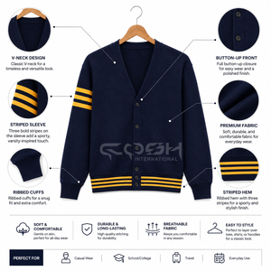 Cosh International Women's <b>Navy</b> Blue V Neck Knitted <b>Cardigan</b> Long Sleeve Casual Solid Color Contrast Stripe Design Full Sleeve - Product Image 6