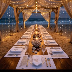 Ensemble de sets de table et de serviettes brodés blancs de luxe - Décoration de table élégante au style côtier corallien pour les fêtes sur la plage et les tables à manger - Product Image 4