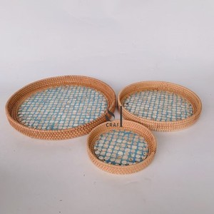 Plateau de service rond en rotin fait main, incrusté de mosaïque de coquillages nacrés, plateau décoratif créatif pour table basse et organisateur de nourriture - Product Image 4