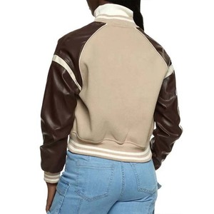Chaqueta Bomber de Mujer con Bloques de Color y Mangas de Cuero Sintético, Cuello Alto y Botones a Presión, Estilo Universitario, Ropa de Mujer, Chaquetas de Béisbol - Product Image 3