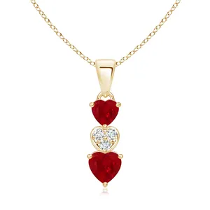 Pendentif triple cœur en or pur 14 carats avec rubis rouge naturel et diamant, bijoux fins romantiques, cadeau d'anniversaire pour elle - Product Image 1