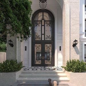 Porte d'entrée extérieure en acier forgé sur mesure avec verre décoratif, double porte pour entrée de villa moderne - Product Image 1