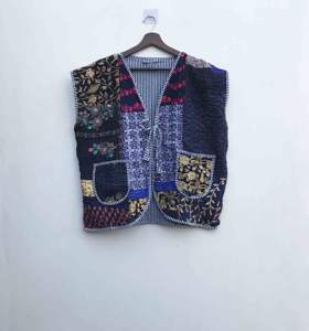 Gilet vintage ethnique bohème en coton Kantha Khambadi fait main pour femme, veste indienne en coton Kantha Khambadi, gilet bohème - Product Image 1