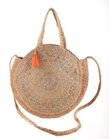 Sac bandoulière bohème en rotin pour femme, motif géométrique tressé, avec pompon décoratif, sac messager écologique d'été