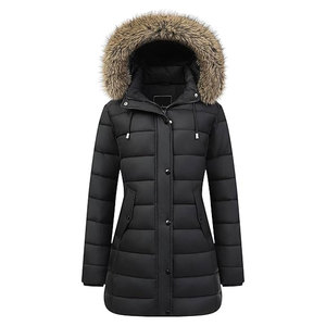 Chaqueta de Plumón Gruesa para Mujer, Abrigo Largo Acolchado Cálido, Impermeable y Cortavientos con Capucha Desmontable de Piel Sintética para Climas Extremos - Product Image 1