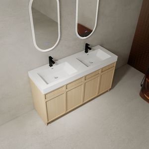 Mobile bagno freestanding bianco da 60 pollici con doppio lavabo in resina e 4 ante con chiusura ammortizzata, imballaggio KD - Product Image 6