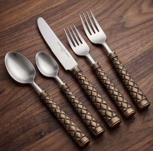 Service de couverts Heritage Lattice 5 pièces en acier inoxydable avec poignées PVD laiton antique, accessoires de fête, idéal pour les restaurants - Product Image 1