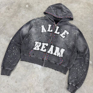 Sweat à capuche court zippé en coton doux délavé à l'acide avec broderie de strass, design personnalisé pour homme, style streetwear hip-hop - Product Image 5