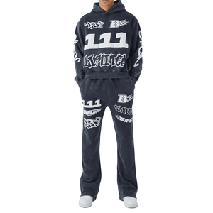 Ensemble sweat à capuche et pantalon de survêtement personnalisé pour homme, broderie appliquée, effet vieilli, coupe oversize, délavé soleil, survêtement zippé, ensemble de jogging évasé - Product Image 1