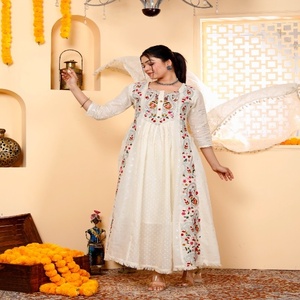 NIYANI Elegant <b>White</b> Cotton Anarkali Kurta Set Intricate Embroidery <b>Lace</b> Dupatta Stylish Regular Fit Ankle-Length Party Diwali - Product Image 5