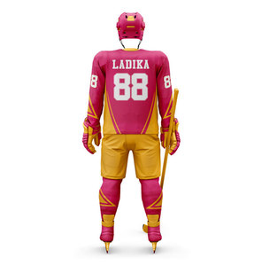 Uniforme de hockey sobre hielo personalizado para hombre, conjunto de pantalones y camiseta sublimados de manga larga, color naranja y azul, número de equipo 22, absorbe la humedad - Product Image 4