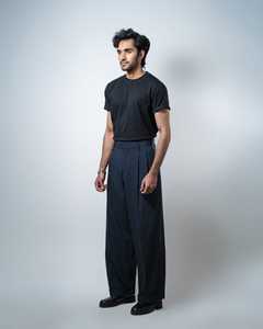 Pantalon plissé à rayures fines bleu marine pour homme, coupe large, taille haute, en polyester/coton doux de poids moyen, personnalisable avec logo, vente en gros, OEM, ODM - Product Image 3