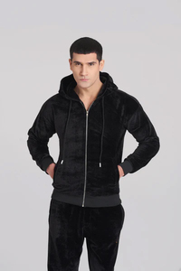 Survêtement à capuche en velours noir pour homme, fermeture éclair intégrale, poches latérales, vêtements décontractés d'hiver - Product Image 3
