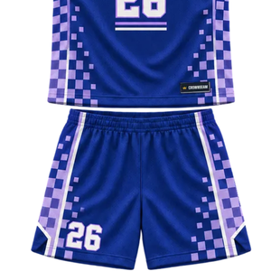 Ensemble d'uniformes de basket-ball personnalisés pour hommes, bleu et violet, col en V, maillot sans manches, short, imprimé damier, nom et numéro de l'équipe, kit en gros - Product Image 5