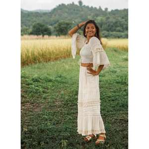 Womens Boho Off Shoulder Crop Top <b>Long</b> <b>Skirt</b> Set Summer White Lace Two Piece Maxi Dress Outfit - Product Image 3