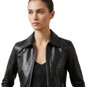 Chaqueta de Moto de Cuero Negra con Patrón de Cocodrilo Repujado, Cierre de Cremallera en Manga Larga, Ropa Exterior para Mujer, Estilo Invernal - Product Image 5