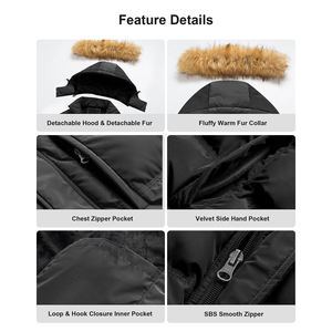 Veste d'hiver rembourrée en duvet pour homme, noire, à capuche, avec garniture en fourrure, coupe-vent, coupe classique, style décontracté, fermeture éclair - Product Image 5