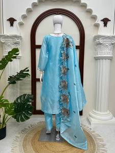 Blue Floral Embroidered <b>Kurti</b> Pant Set Traditional Indian Pakistani Outfit With Dupatta for Wedding Party Women - Product Image 3