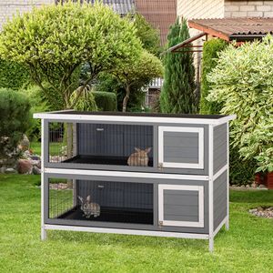 Cage à lapins en bois à 2 étages, grande taille 54 pouces, avec portes verrouillables, plateau anti-fuite, habitat pour petits animaux, imperméable - Product Image 1
