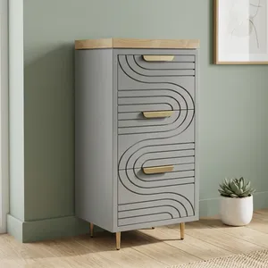 Armoire de rangement grise de style mid-century modern avec dessus en bois et poignées en laiton, 3 tiroirs, design gain de place, pour salon et salle de bain - Product Image 1