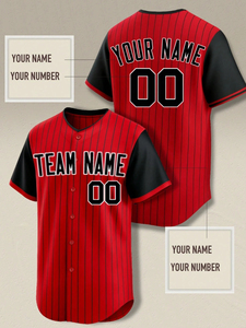Maillot de baseball personnalisé en polyester, rouge et noir à rayures fines, chemise d'équipe boutonnée, nom et numéro, uniforme sportif - Product Image 5