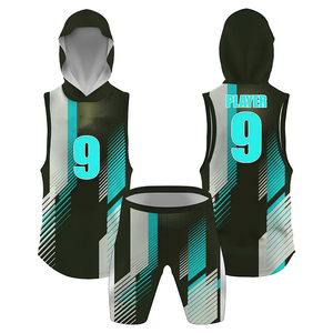 Ensemble short et débardeur à capuche personnalisé, sublimé, bleu marine, rouge et blanc, à rayures géométriques, uniforme de basketball 7v7, joueur 9, service OEM - Product Image 6