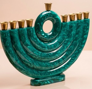 Handmade Luxury Green Resin & Brass Menorah - Elegant 9-<b>Branch</b> Hanukkah Candle Holder for Festive Home Decor & Judaic Gifts - Product Image 5