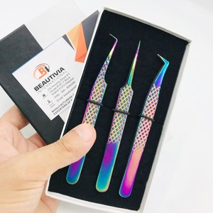 Pinzas de extensión de pestañas de acero inoxidable sostenible de marca personalizada titanio Chapado en plasma arcoíris para herramientas de pestañas de volumen - Product Image 2