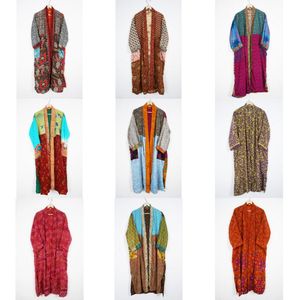 Indian Robe Floral Silk Sari Kimono Vintage Sari Robe Soft Beach Party Gown Indian Handmade Silk Kimono robe for sleep wear - Product Image 1