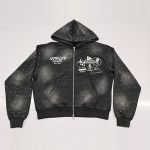 Sweat à capuche surdimensionné personnalisé pour homme, en coton épais 100 %, à manches longues, uni, pour l'automne, avec strass et cordon de serrage, effet délavé à l'acide - Product Image 1