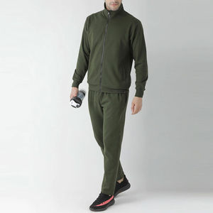 Ensemble de survêtement en molleton vert olive pour homme, fermeture éclair intégrale, poches latérales, coupe classique, vêtements décontractés d'automne, 100% coton, couleur unie - Product Image 4