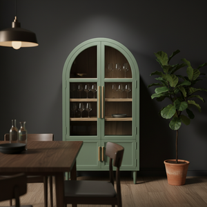 Meuble de salon moderne en bois d'hévéa et placage de chêne, armoire arquée avec 4 compartiments et portes à battants, écologique - Product Image 5
