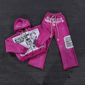 Conjunto Deportivo Rosa con Capucha para Mujer, Ropa Urbana, Sudadera y Pantalones Estampados de Manga Larga, Transpirable, de Poliéster, Informal, para Primavera - Product Image 1