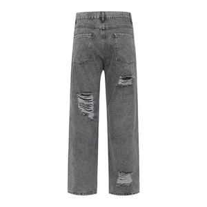 Men's High Waist Ripped Wide Leg <b>Jeans</b> Distressed Cotton Casual Pants Autumn Style Button Fly - Product Image 2